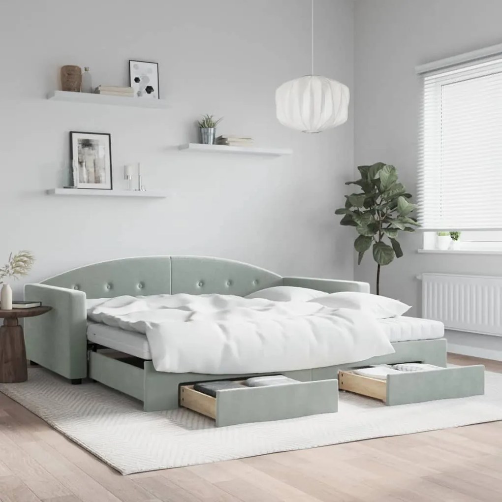 Sofá-cama c/ gavetão e gavetas 100x200 cm veludo cinzento-claro