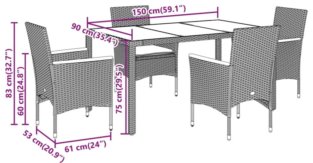 5 pcs conjunto jantar jardim com almofadões vime PE/vidro bege