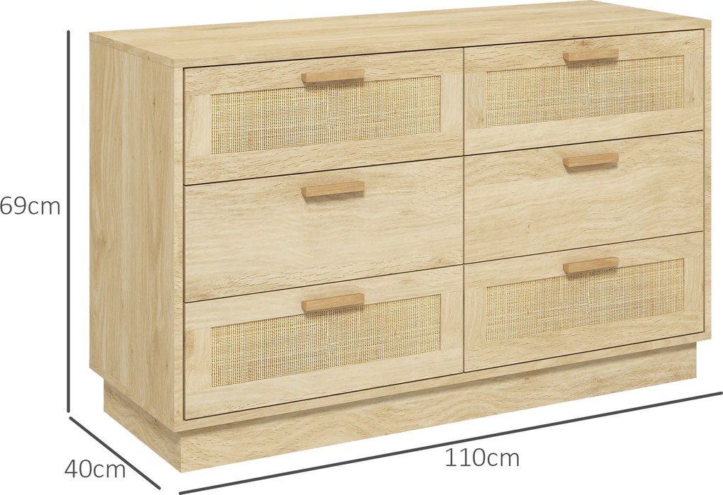 Cómoda para Quarto Cómoda de Madeira com 6 Gavetas de Vime Estilo Boêmio para Corredor Escritório 110x40x69 cm cor Carvalho