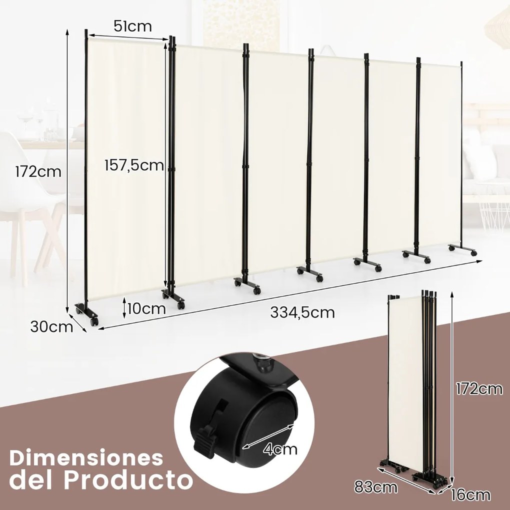 Divisória de sala dobrável de 6 painéis Biombo dobrável com rodas bloqueáveis Divisória de sala e quarto 334,5 x 30 x 172 cm Bege