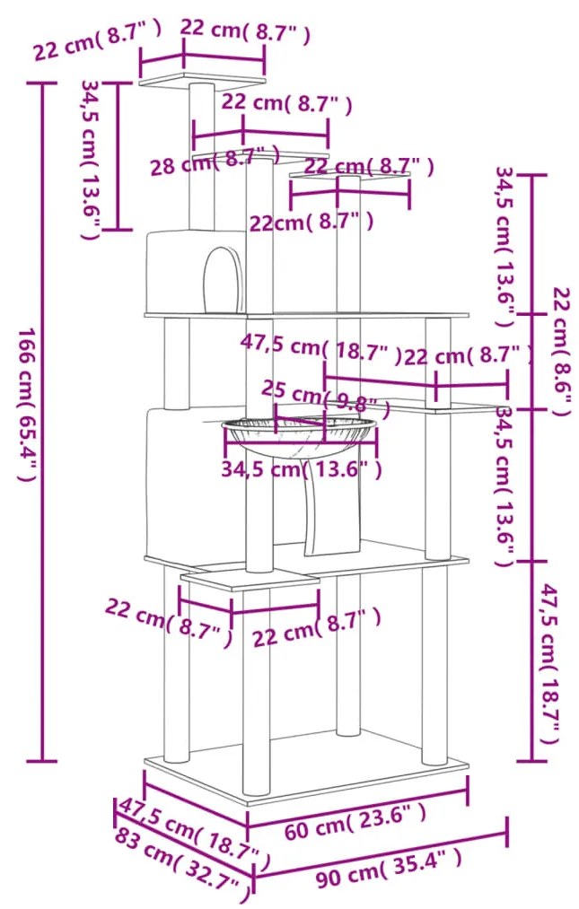 Árvore p/ gatos c/ postes arranhadores sisal 166cm cinza-escuro