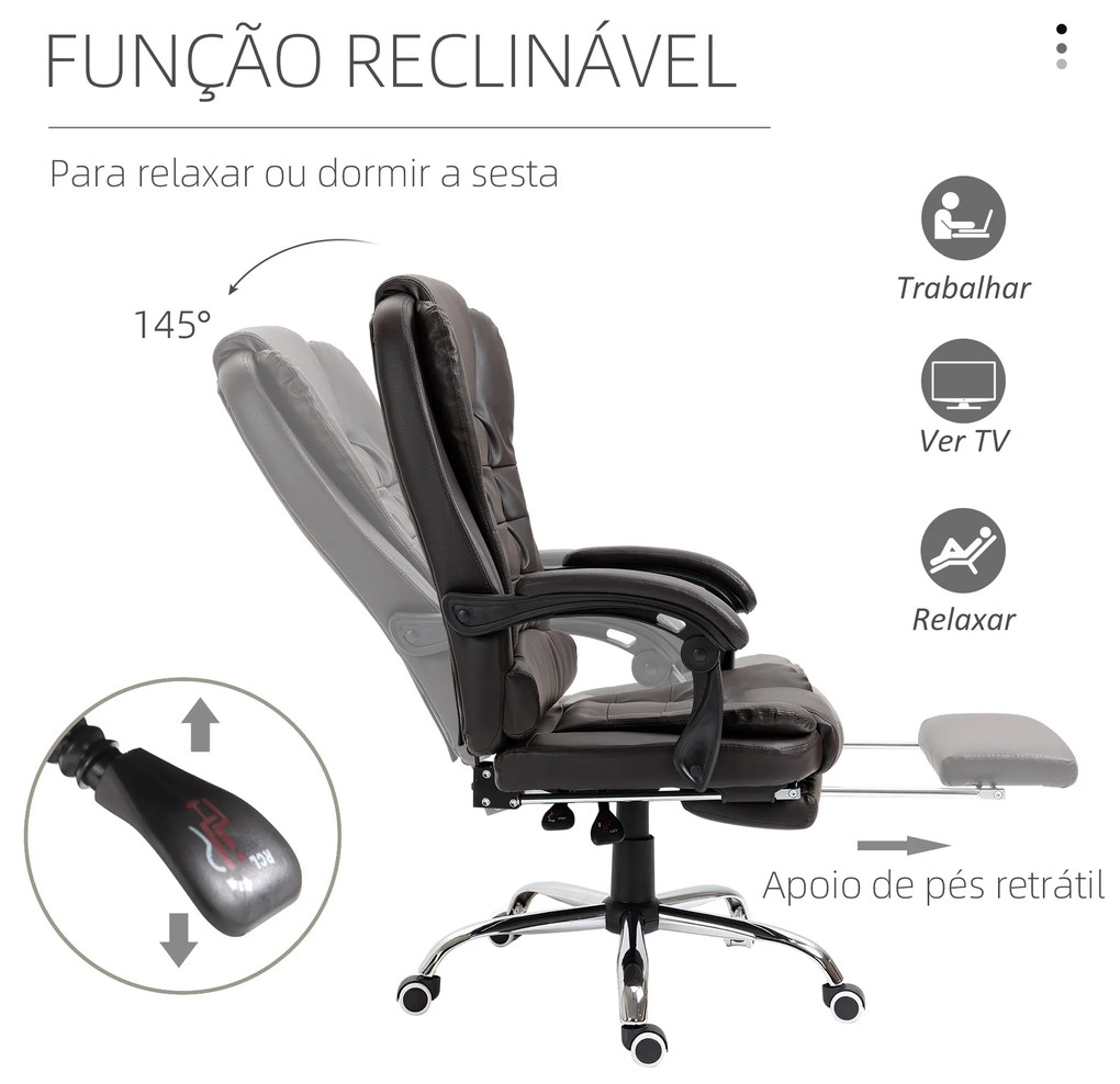 Cadeira de Escritório Reclinável Cadeira Executiva Giratória com Altura Ajustável Estofada em PU 64,5x69x109-117 cm Castanho