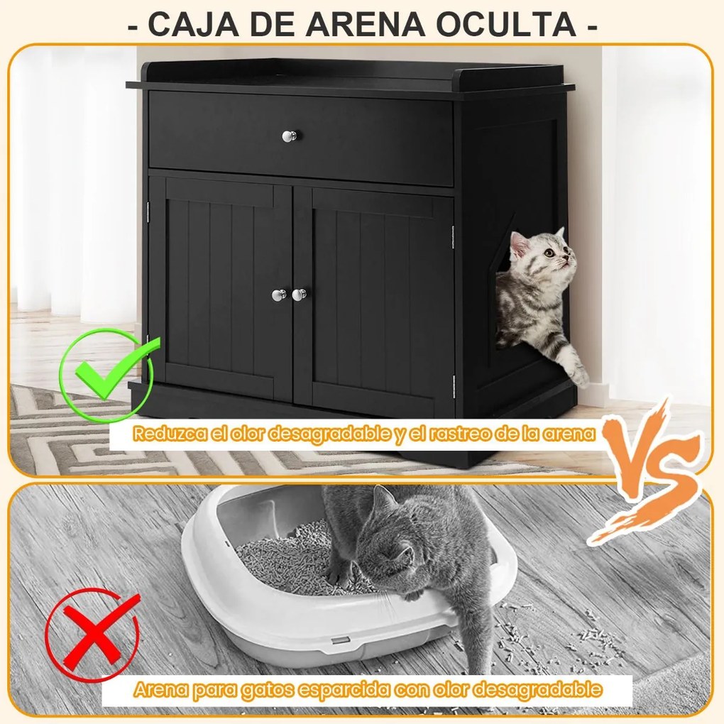 Caixa de areia para gatos com gaveta 2 portas Armário de cabeceira Caixa de areia Mesa de apoio 76 x 53 x 74 cm Preto