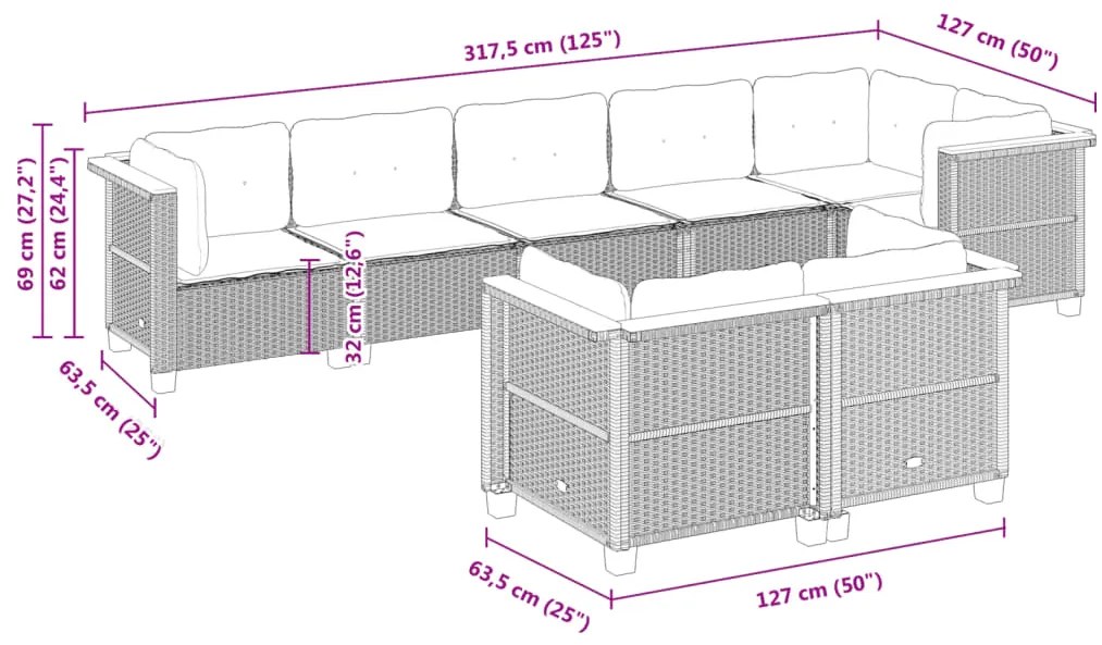 8 pcs conjunto de sofás p/ jardim com almofadões vime PE bege