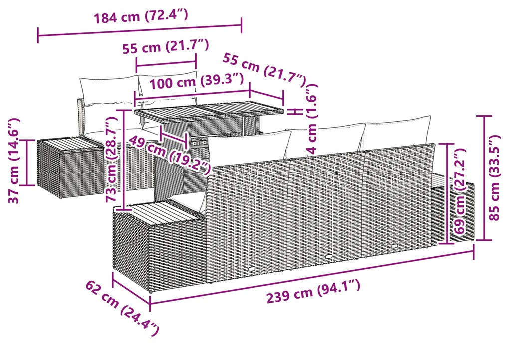 Conjunto de Jantar para Jardim de 6 Peças com Almofadas Cinza Poli Rat