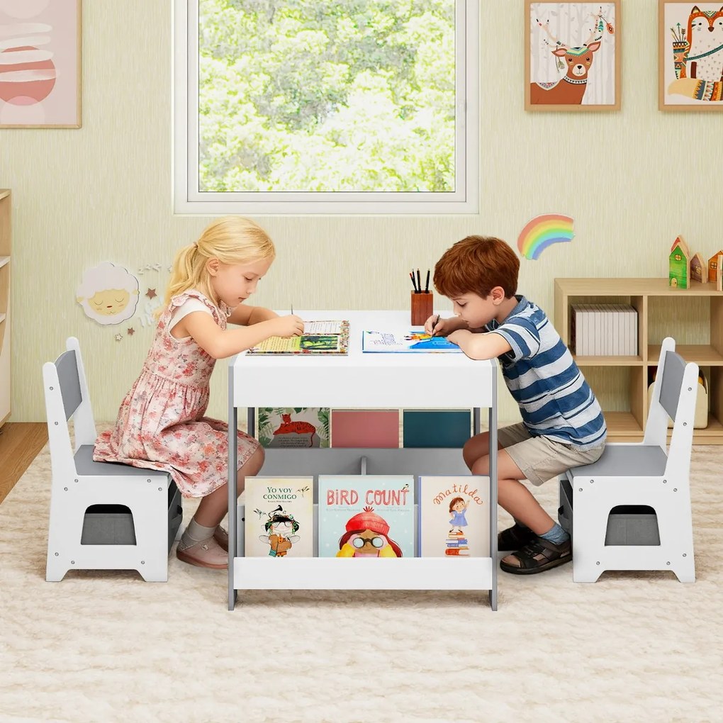 Conjunto de mesa e cadeiras para crianças Mesa de atividades em madeira com tampo reversível Prateleiras para livros e gavetas Cinzento + Branco