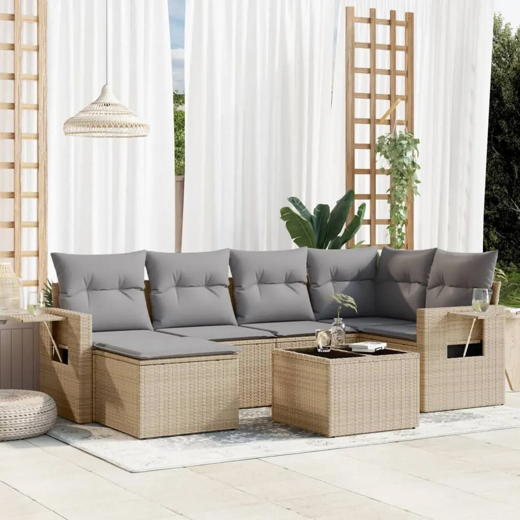 7 pcs conjunto de sofás p/ jardim com almofadões vime PE bege