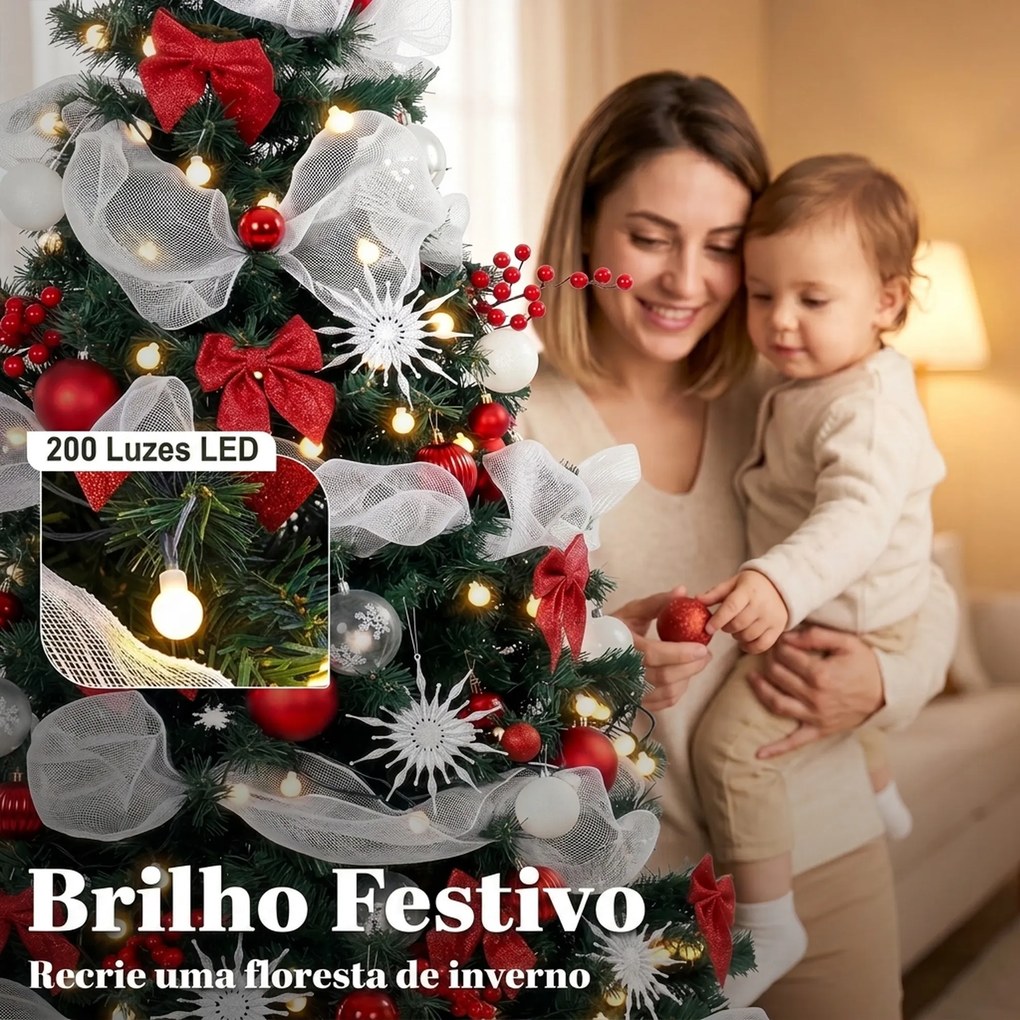 Árvore de Natal Artificial 180 cm com Luzes, 800 Pontas, 200 LED, Controlo Remoto e 8 Modos