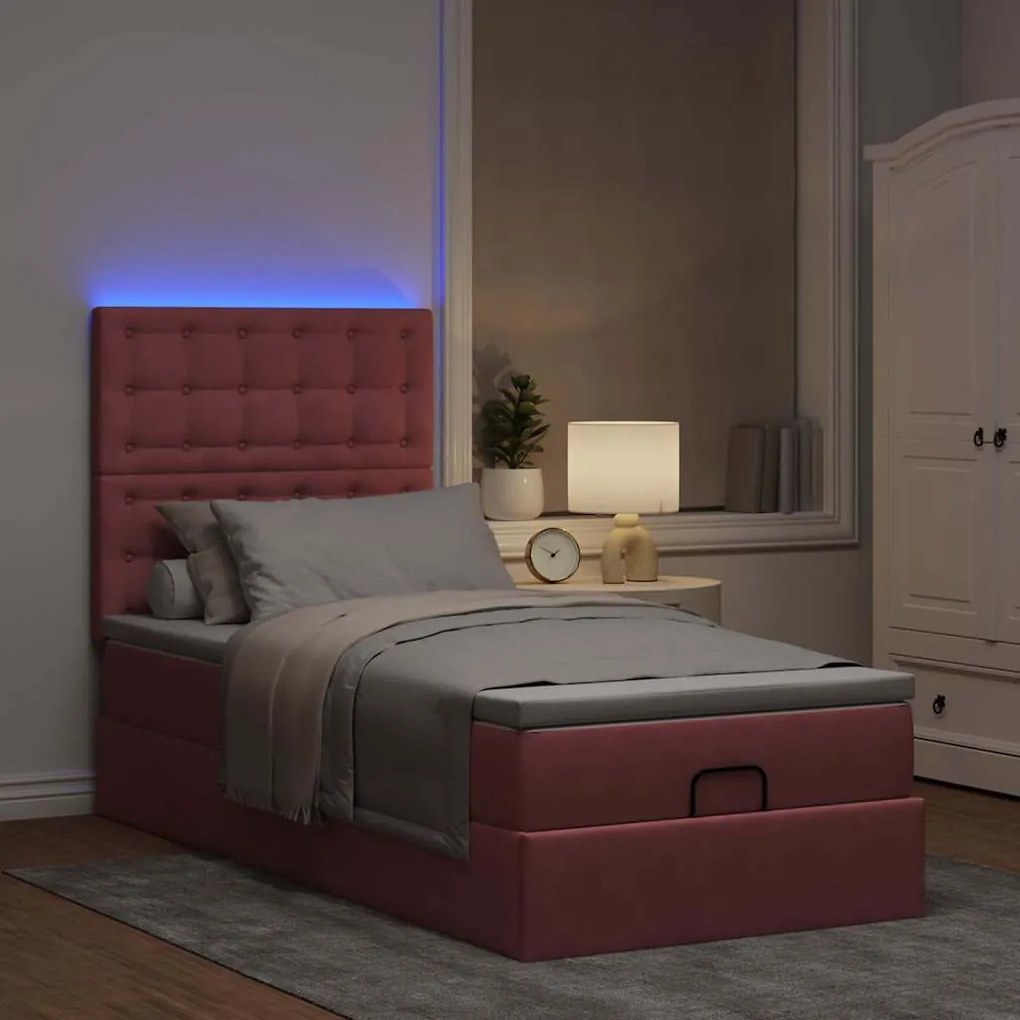 Estrutura de cama otomana com colchões rosa 90x200cm veludo