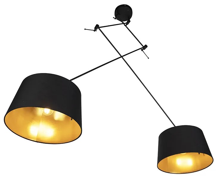 Candeeiro de suspensão preto com abajures de algodão preto e dourado 35 cm 2-luzes - Blitz Moderno