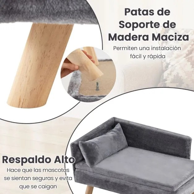 Cama elevada para animais de estimação 81 x 51 x 47 cm  com almofada e travesseiro removíveis, pernas de madeira e encosto alto Cinza