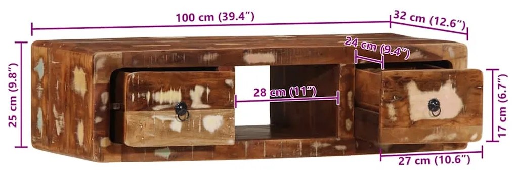 Armário de TV para parede 100x32x25cm madeira recuperada maciça