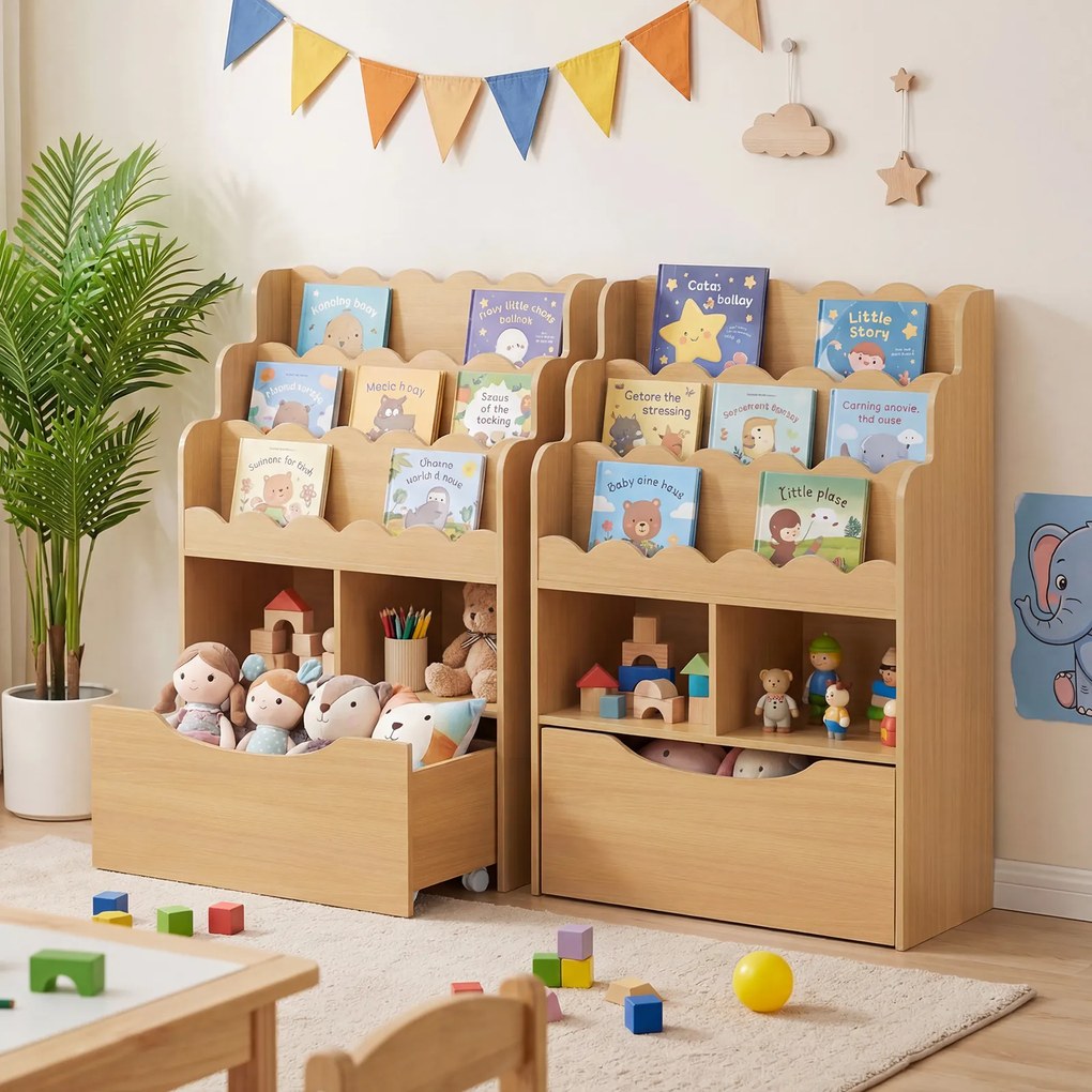 Estante Infantil para Brinquedos, 30 x 60 x 91 cm, Gaveta Removível com Rodas, Natural