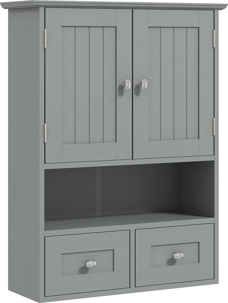 kleankin Armário de parede para banheiro, armário de toalete, com portas, prateleira, 2 gavetas, 50,8L x 17,8P x 66A cm, cinza | Aosom Portugal