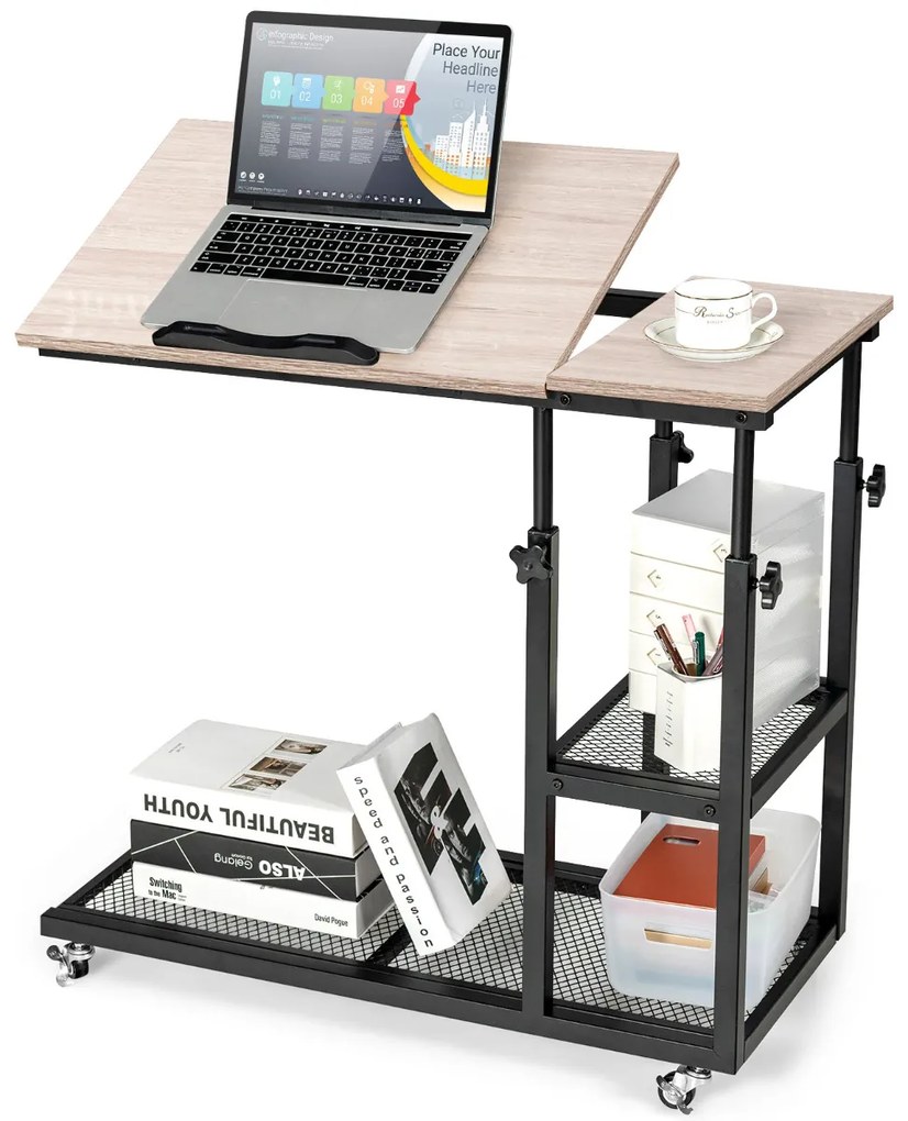 Mesa lateral móvel em forma de C com altura ajustável para computador, superfície de sofá com inclinação industrial, sala de estar, quarto, natural