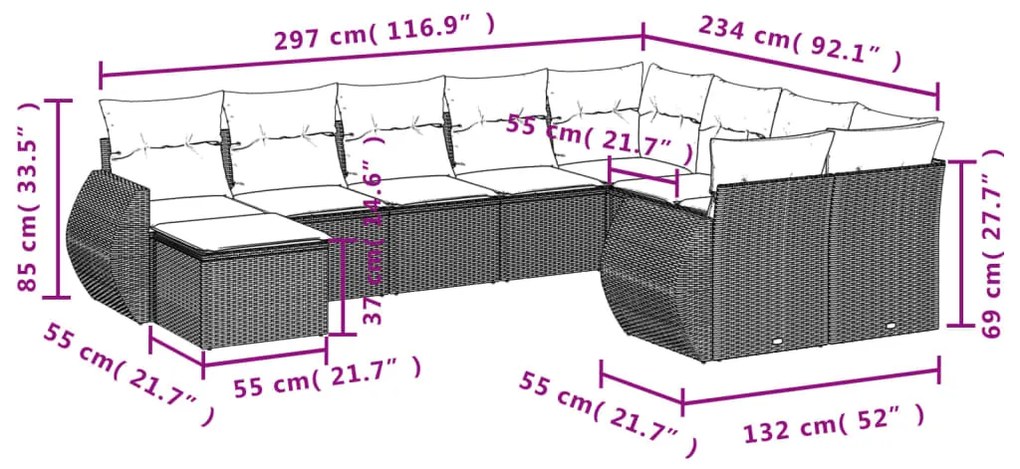 10 pcs conj. sofás jardim com almofadões vime PE cinzento-claro