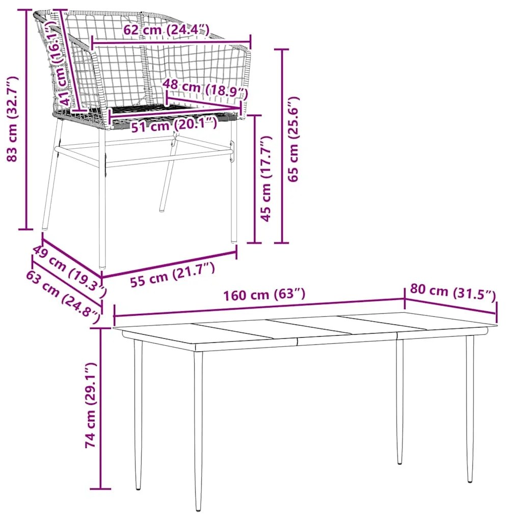 Conjunto de jantar jardim 5 peças vidro vime PE preto