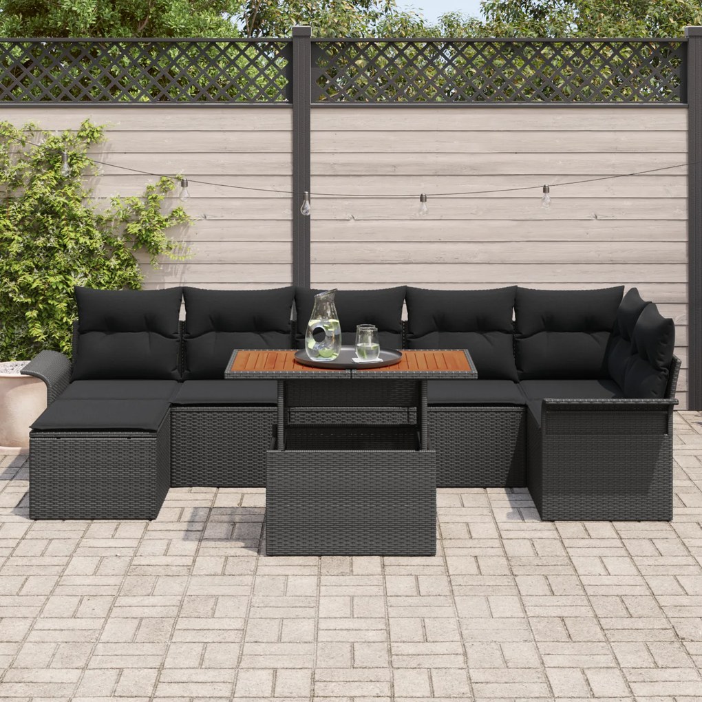 Conjunto de Sofá de Jardim de 8 Peças com Almofadas Preto de Rattan Po