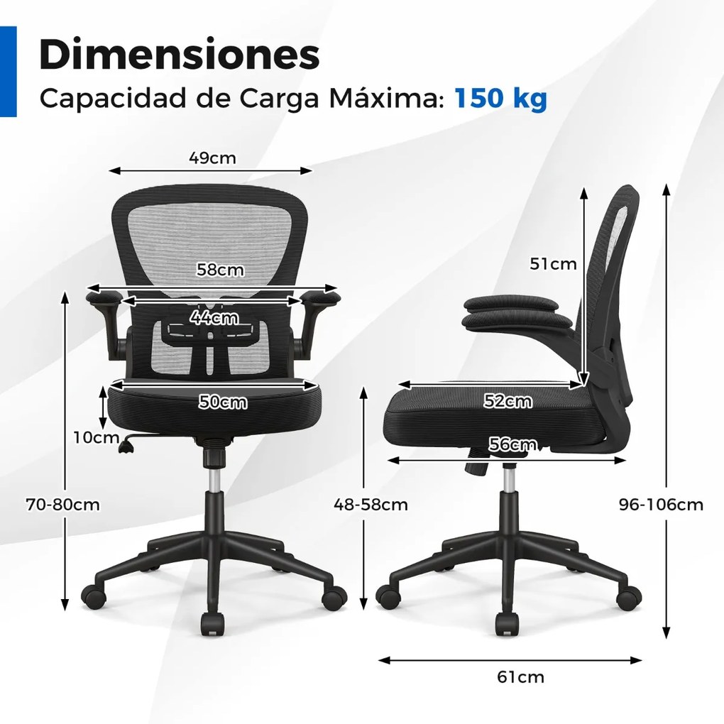 Cadeira de escritório ergonómica de malha com apoios de braços rebatíveis, apoio lombar ajustável e encosto oscilante 90°-120° Preto