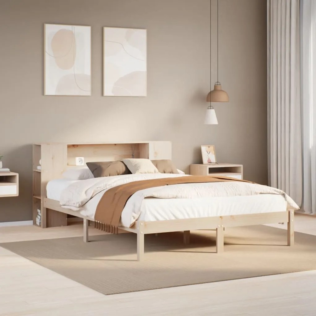 vidaXL Cama com estante sem colchão 140x190 cm pinho maciço