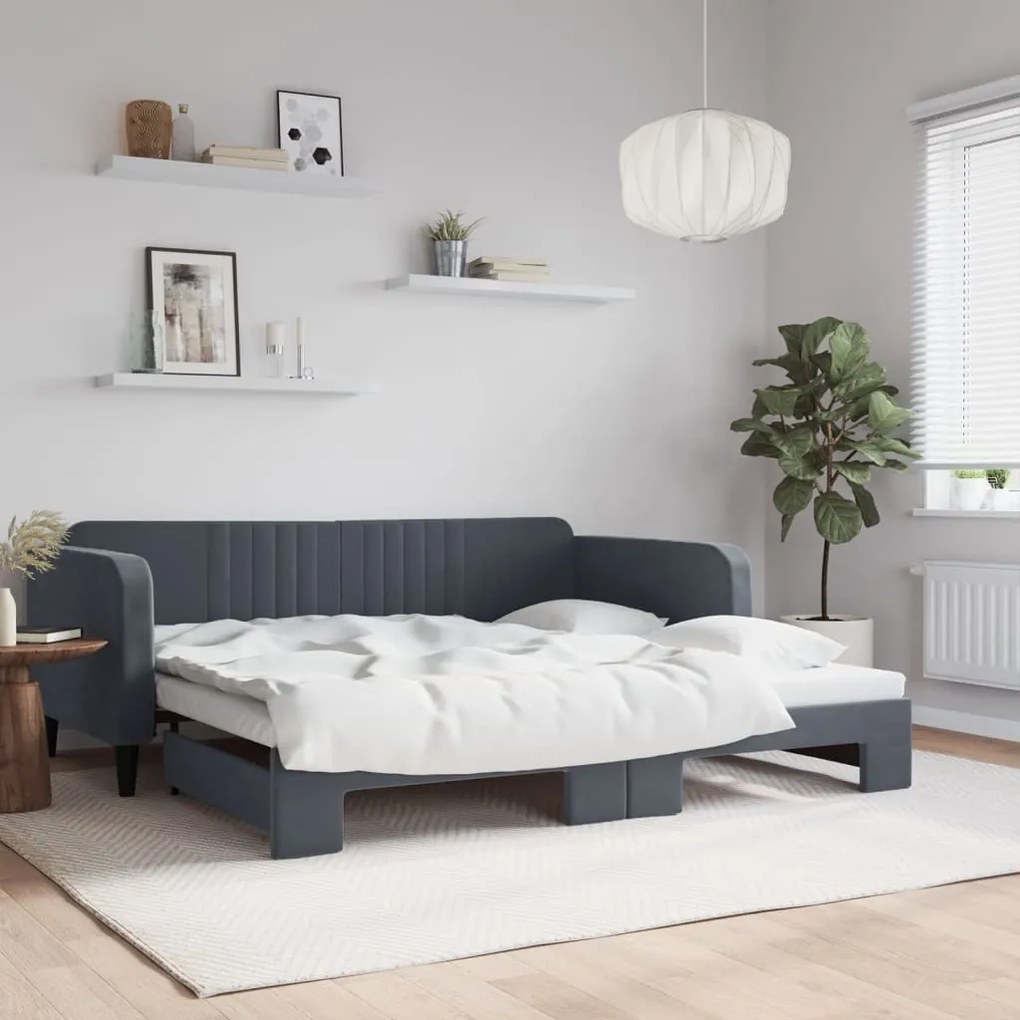 Sofá-cama com gavetão 100x200 cm veludo cinzento-escuro