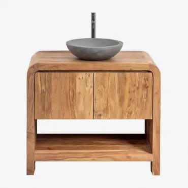 Conjunto De Móvel De Casa De Banho Em Madeira Vacry Castanho Acácia & Cimento Cinzento Redondo Ø40 Cm Tarsis & Sem Espelho & Preto Mate ↑30 Cm Com Vál