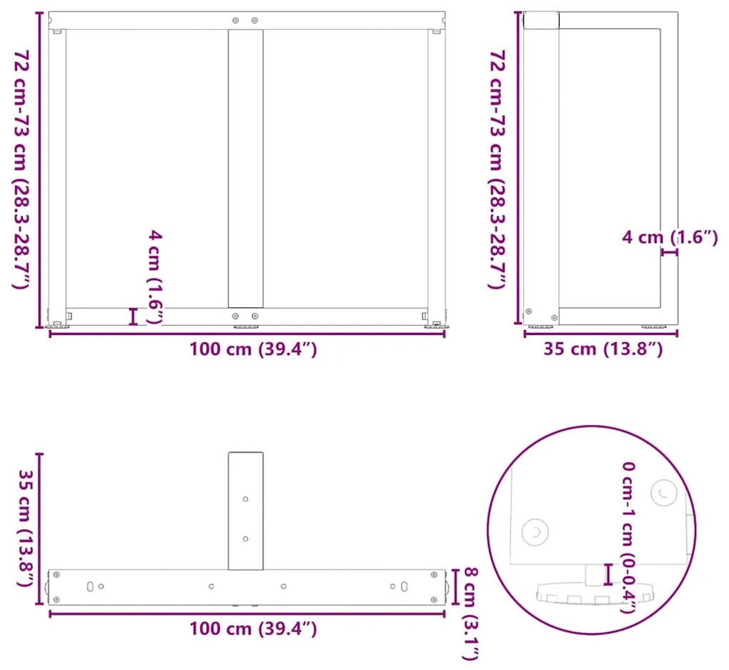 Pés de mesa de jantar em forma de T, 2 peças, preto, 100x35x(72-73) cm
