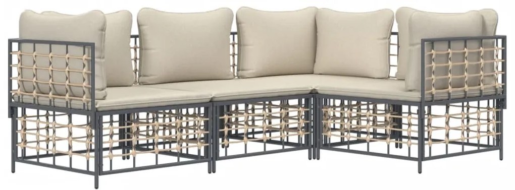 4 pcs conjunto lounge de jardim c/ almofadões vime PE antracite