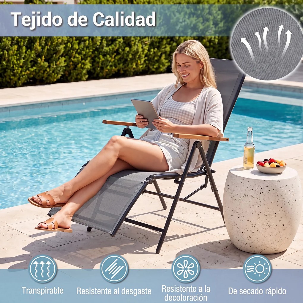 Espreguiçadeira de Jardim Dobrável, 57 x 72-138 x 91-110 cm, Encosto Ajustável em 5 Posições, Cinzento