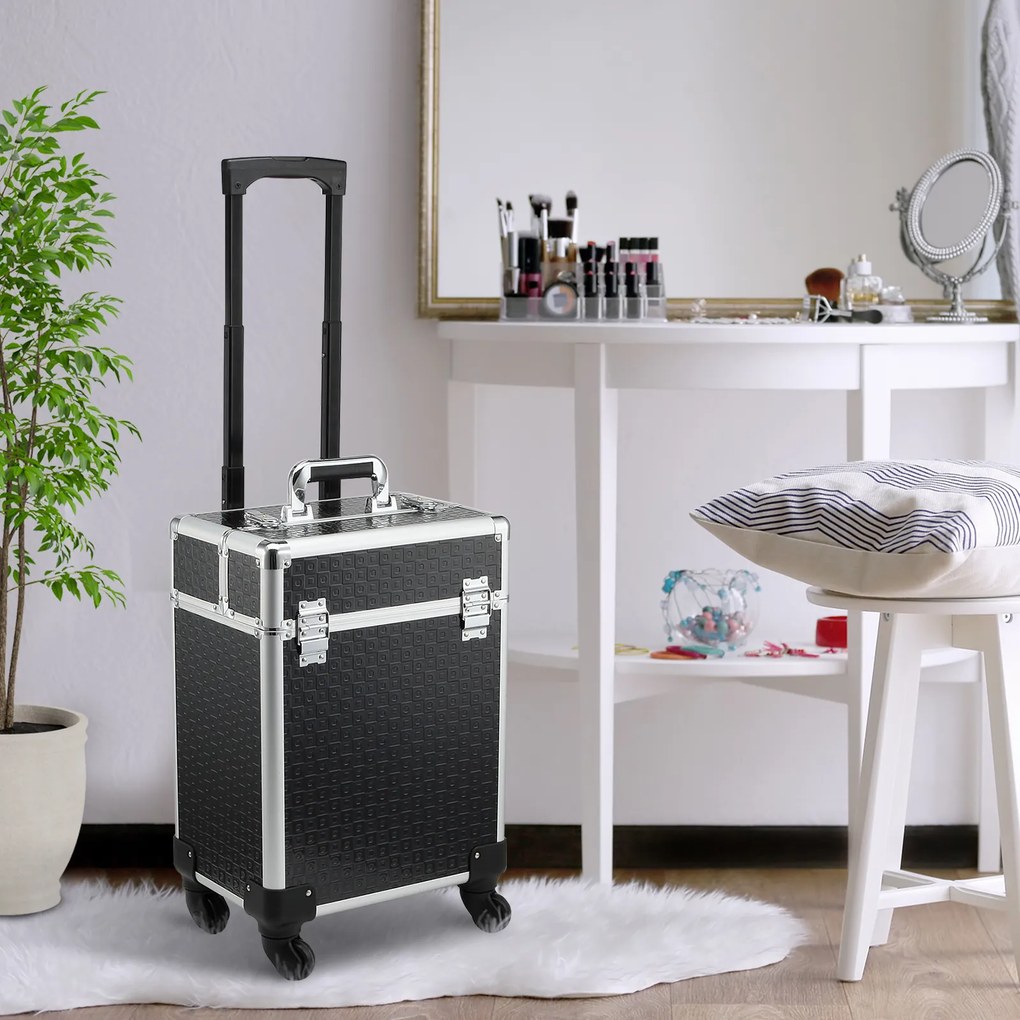 Maleta Trolley de Maquilhagem 34 L Compartimentos Ajustáveis Rodas 360° Fechadura de Segurança