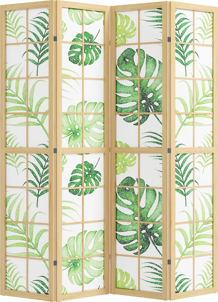 HOMCOM Separador de ambientes 4 peças, dobrável, design boho, motivo tropical, separador independente, estrutura de madeira, verde | Aosom Portugal