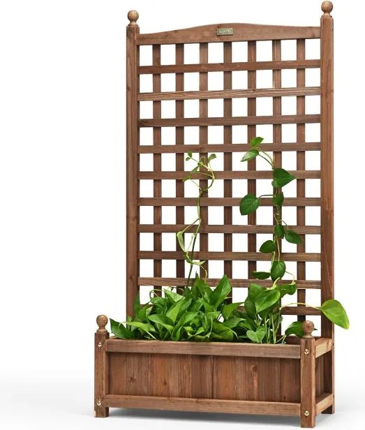 Floreira em madeira para plantas trepadeiras, canteiro elevado com treliça 64,5 x 28 x 120 cm castanho