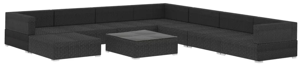 9 pcs conjunto lounge de jardim c/ almofadões vime PE preto