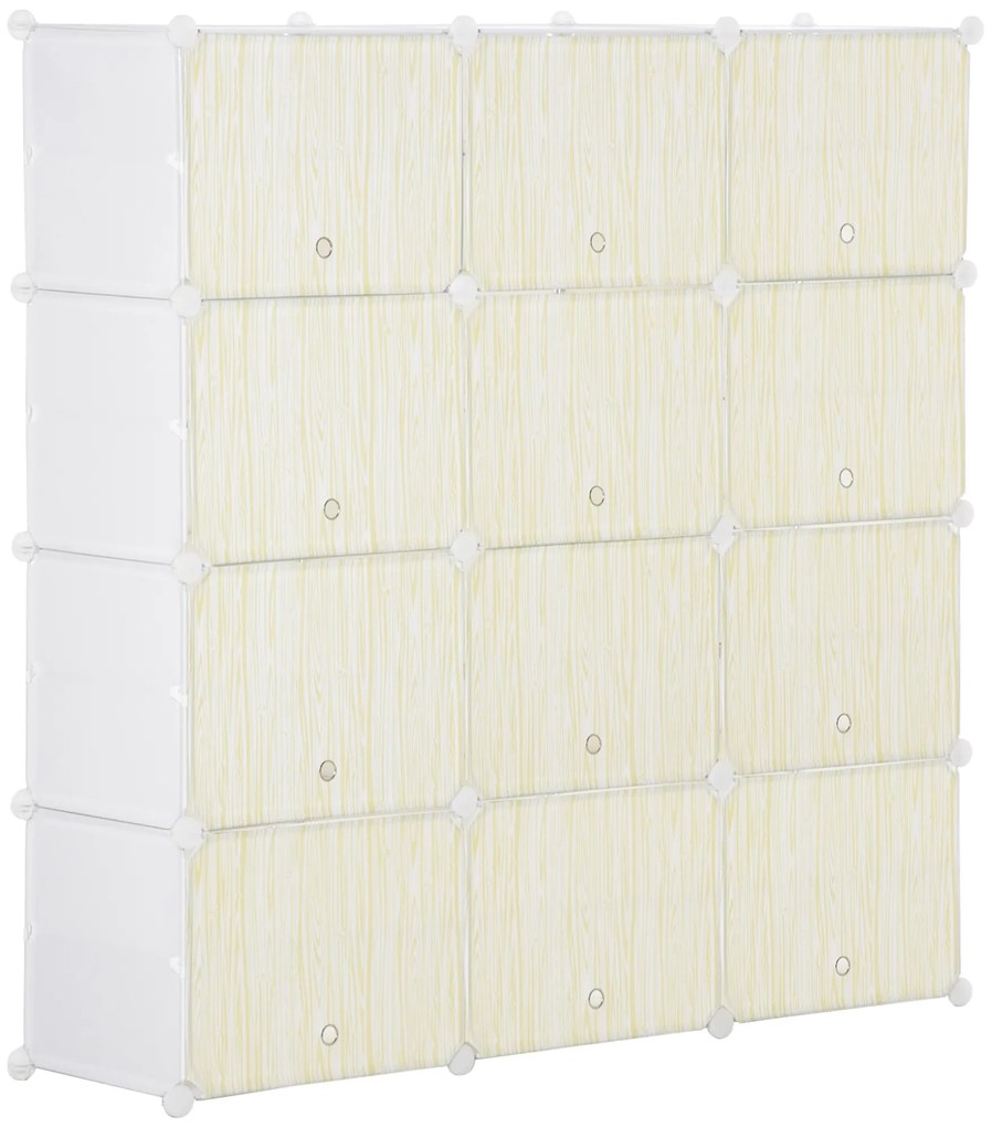 HOMCOM Armário Modular de Plástico Armário com 12 Cubos Organizadores de Sapatos Roupas Brinquedos 125x32x125cm Branco e Natural