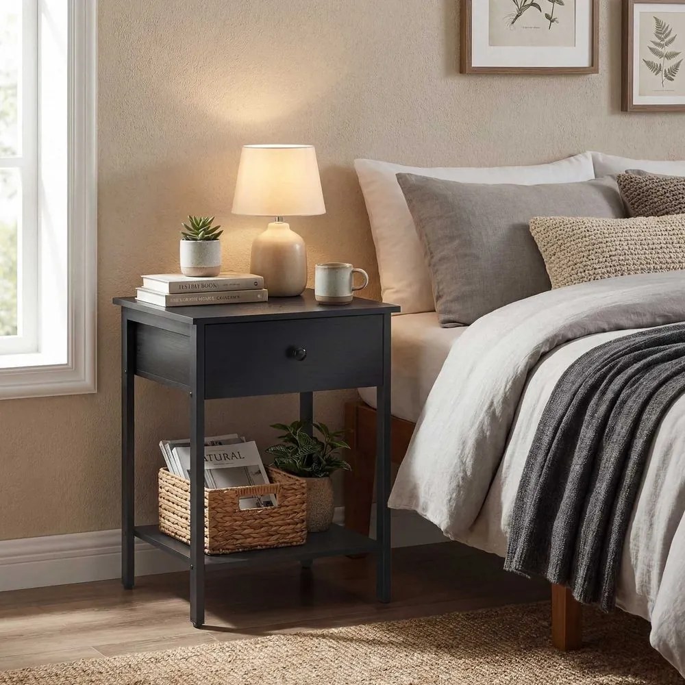 Conjunto de 2 mesas de cabeceira 40 x 40 x 55 cm com gaveta e prateleira, em preto