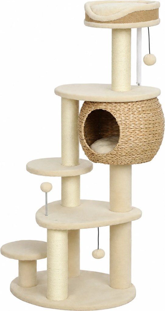 Árvore para Gatos de 4 Níveis, 60 x 48 x 132 cm, Casa em Junco Entrançado à Mão, Bege