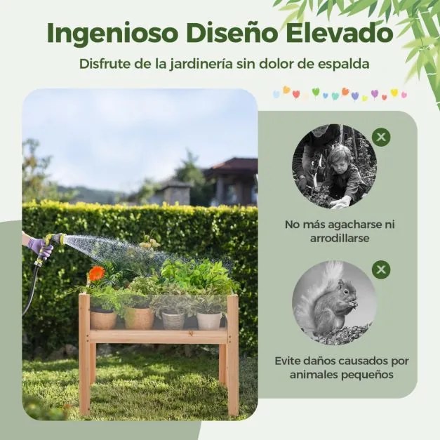 Floreira elevada de madeira 75 x 46 x 61 cm com pés 50 L, orifícios de drenagem e painéis acrílicos para frutas e legumes Natural
