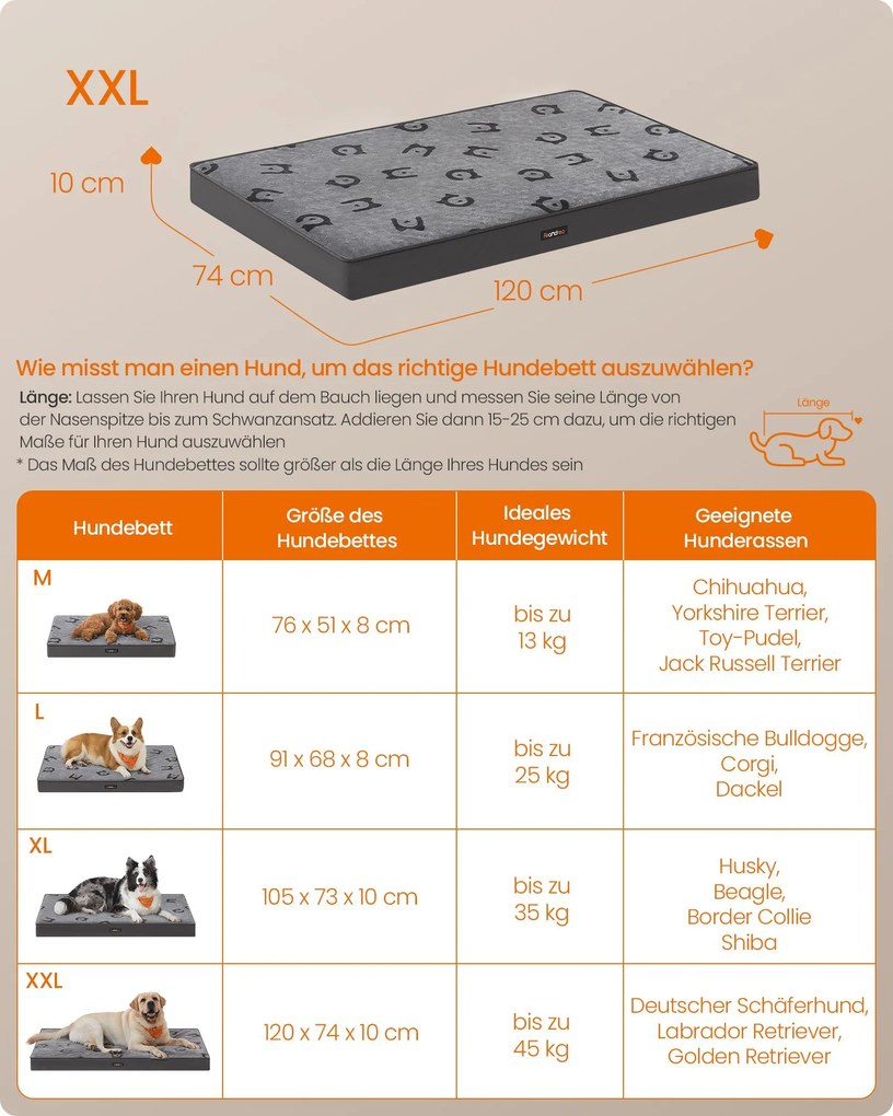 Cama ortopédica para cães 120 x 74 x 10 cm tamanho XXL Cinzento 