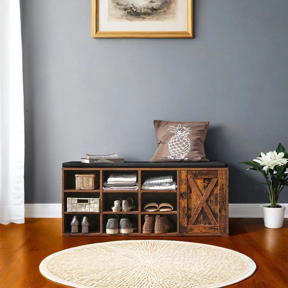 Banco arrumação para sapatos 30 x 110 x 48 cm, com almofada acolchoada e 9 compartimentos castanho