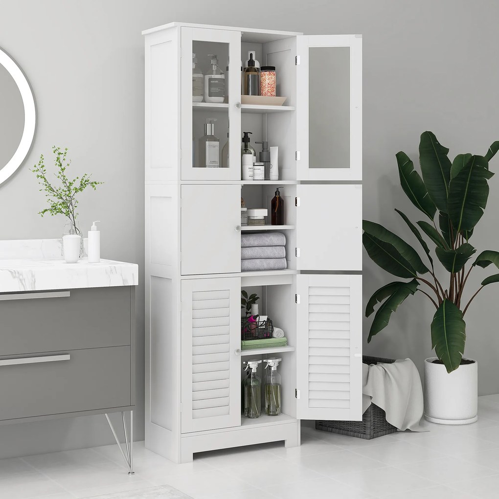 Móvel Auxiliar para Casa de Banho com 6 Portas Prateleiras Ajustáveis Anti-tombo 60x30x170,5 cm Branco