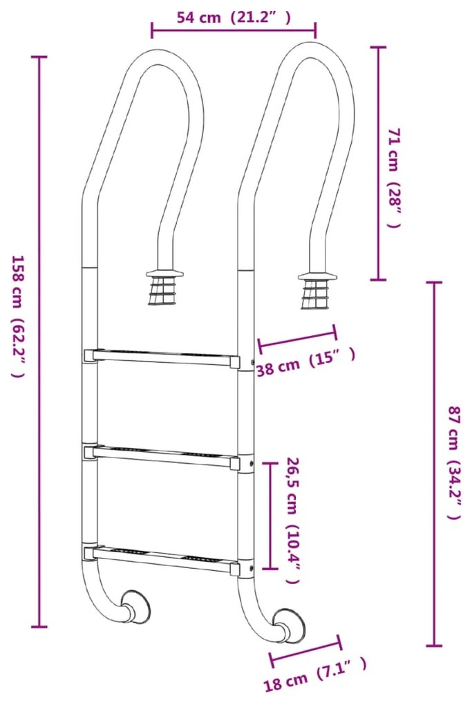 Escada de piscina 54x38x158 cm aço inoxidável 304