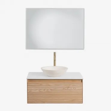 Conjunto De Móvel De Casa De Banho Suspenso Em Madeira De Freixo Tedrik Castanho Fresno & Cimento Redondo Branco Ø40 Cm Zavion & Led - Sklum