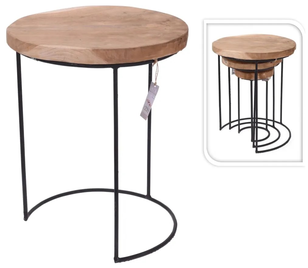 Home&Styling Conjunto de mesas de apoio 3 pcs madeira de teca e metal