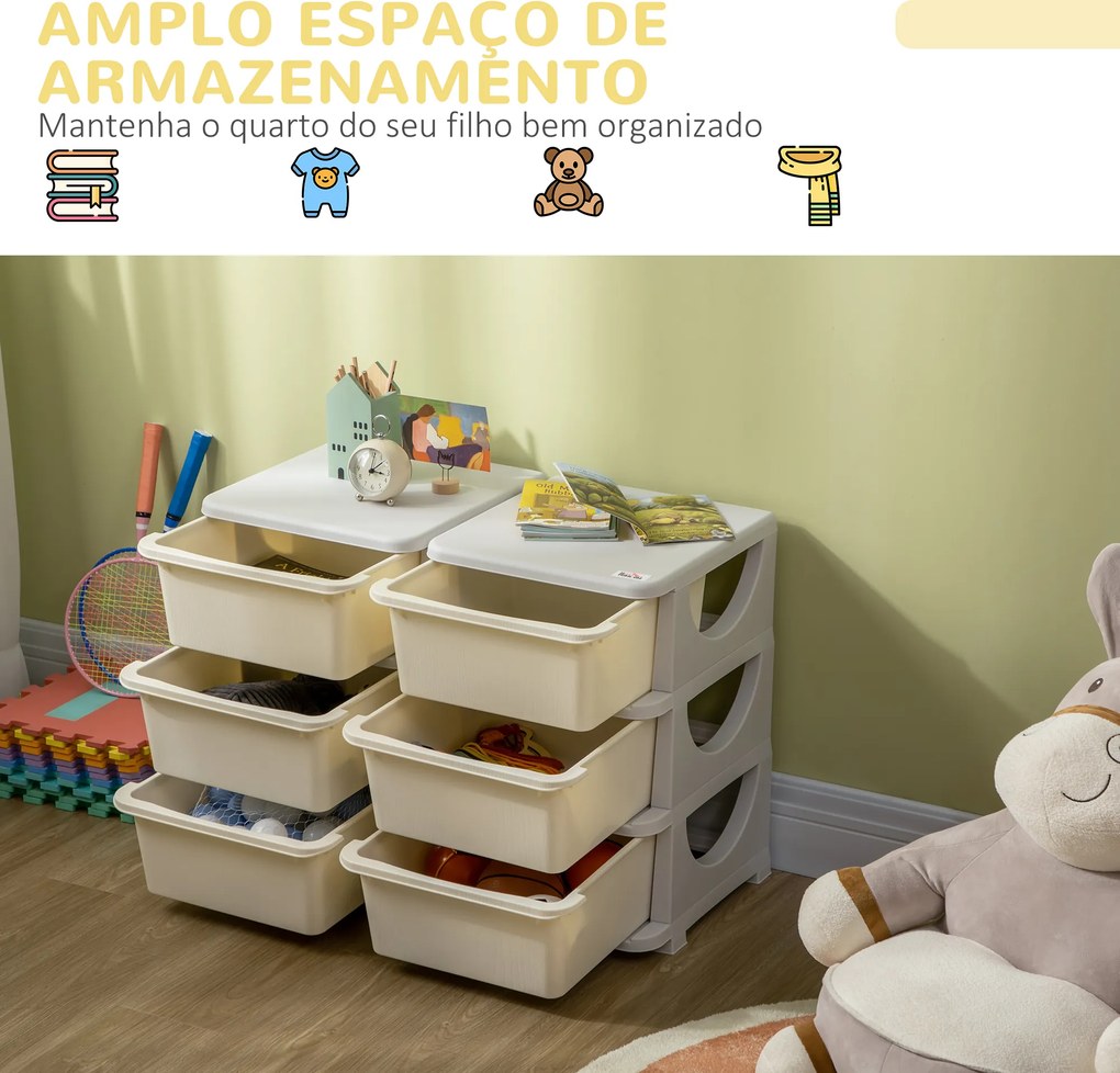Organizador de Brinquedos com 6 Gavetas para Crianças com Bordas Arredondadas e Pegas 75x37x56,5 cm Creme e Cinza