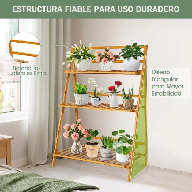 Prateleiras de plantas de 3 camadas Prateleira decorativa de bambu para vasos de flores para pátio e jardim 70 x 38 x 95,5 cm Natural