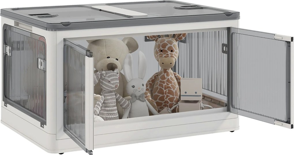 Caixa de arrumação dobrável e empilhável de 99 L em plástico 67 x 47 x 38 cm, com tampa e 4 Rodas, acesso pelos 5 lados, branca