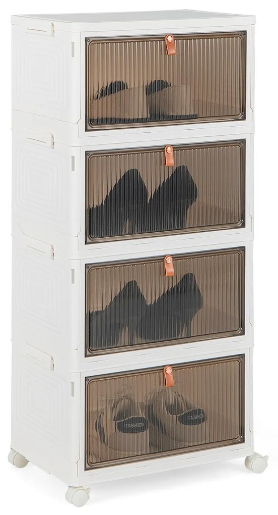 Sapateira dobrável de 4 prateleiras com portas magnéticas transparentes e rodas universais com travão Cor: Branco + Castanho