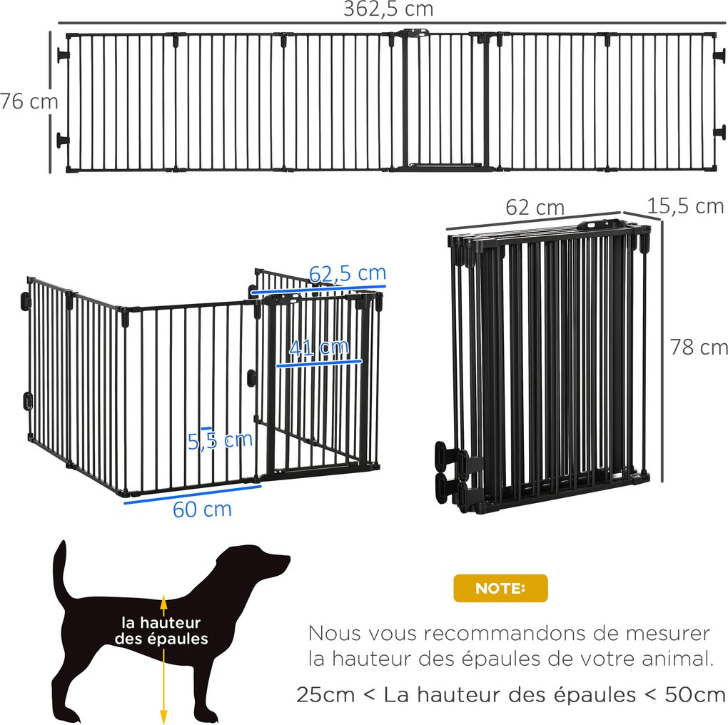 Barreira de Segurança para Animais Dobrável e Modulável, 362,5 x 2 x 76 cm, 6 Painéis com Porta, Preto