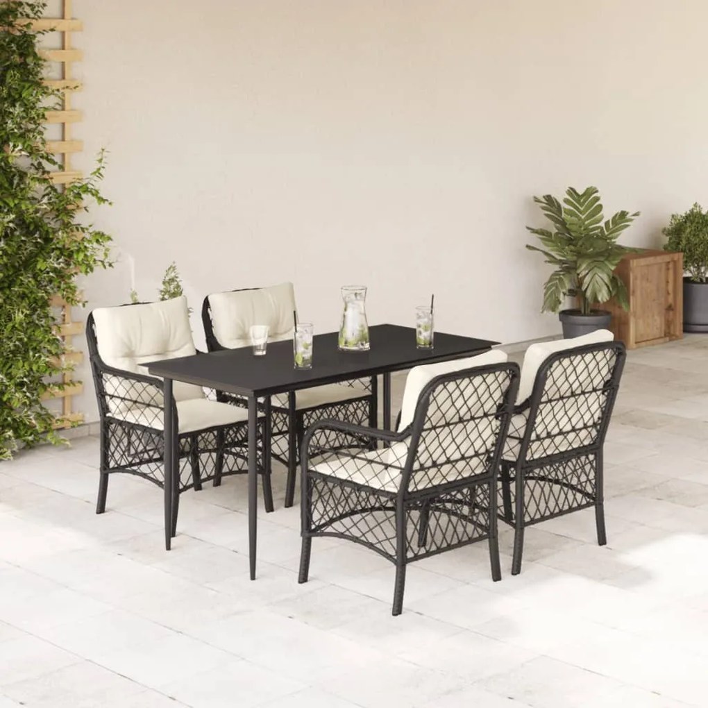 5 pcs conjunto de jantar p/ jardim c/ almofadões vime PE preto