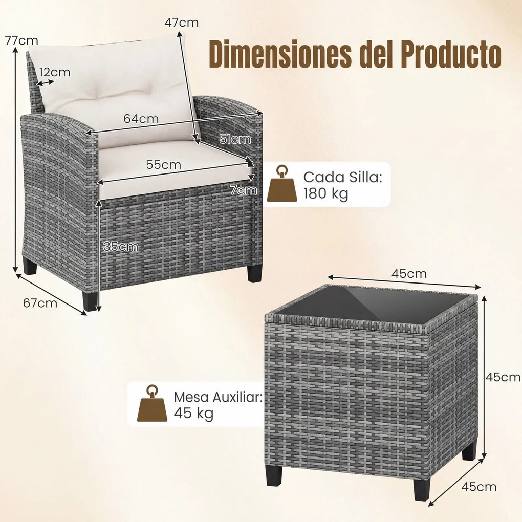 Conjunto de jardim de 3 peças, composto por cadeiras de rattan e mesa com tampo de vidro temperado para pátio, rattan em mistura de cinzento com almof